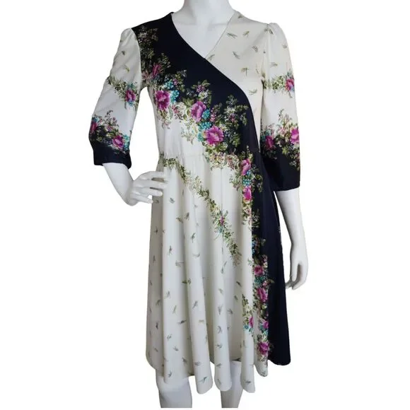 VTG 70s Piccolo Floral Border Print Midi Dress Boho Cottagecore Romantic V-Neck - Picture 1 of 7